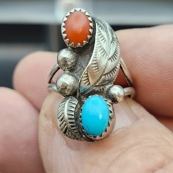 VTG Old Pawn Sterling Silver Turquoise Coral Ring SZ 5.5 Handmade Southwestern - Picture 4 of 9
